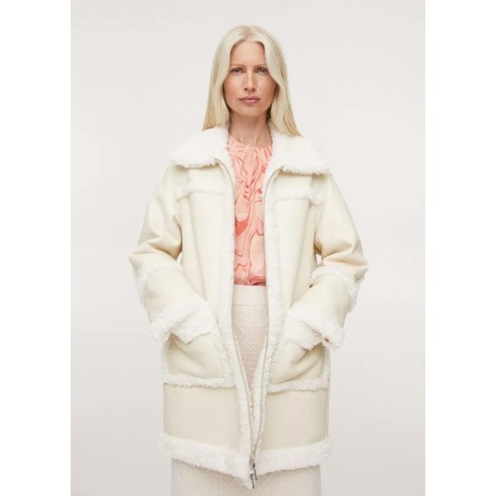 Mango‎ Faux-Shearling Leather-Effect Coat Black S